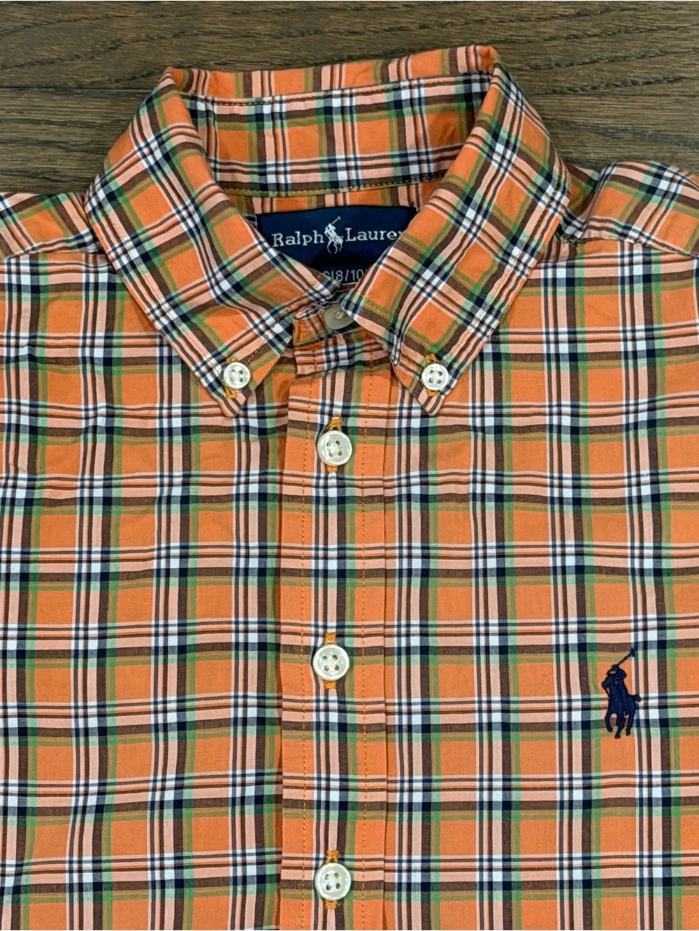 Ralph Lauren Orange Green Plaid Button-Down Kids Shirt 100% Cotton